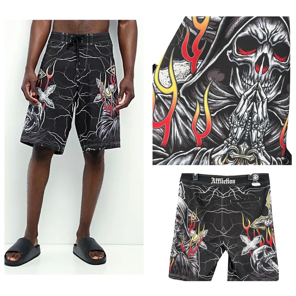 Affliction Y2K Grunge Goth Board Shorts Loose Fit 32 Black Reaper Edgy NWT